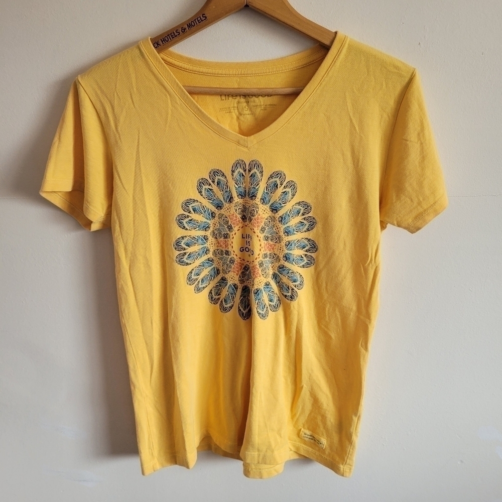 Life is Good Short Sleeve Cotton Tee Shirt Mustard Yellow Blue Small S